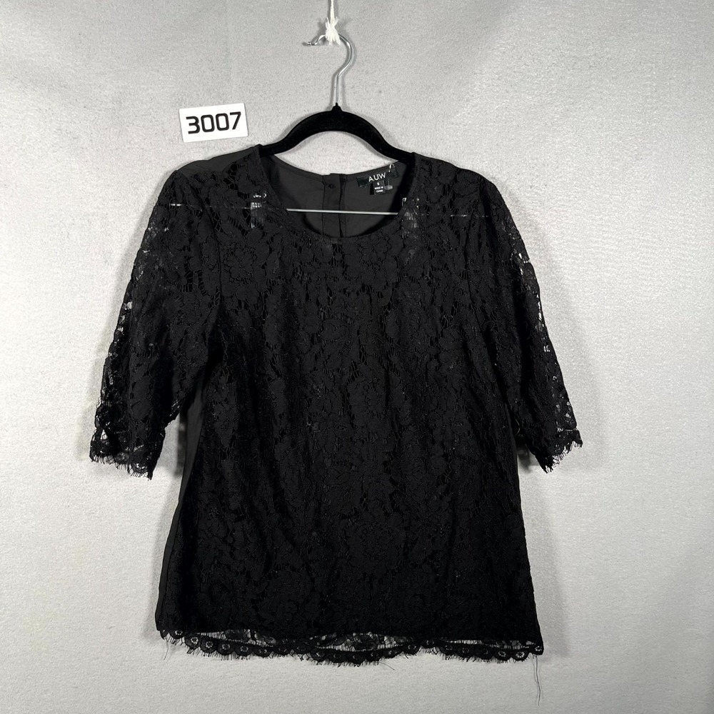AUW Blouse Womens Small Black Lace Back Button Zip 3/4 Sleeve Sheer Floral